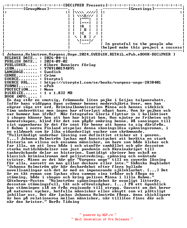 NFO for the release Johanna.Holmstrom.Vargens.Unge.2024.SWEDiSH.RETAiL.ePub.eBOOK-DECiPHER by DECiPHER