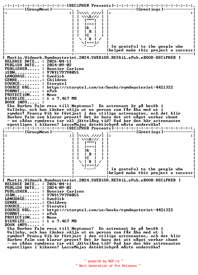 NFO for the release Martin.Widmark.Rymdmysteriet.2024.SWEDiSH.RETAiL.ePub.eBOOK-DECiPHER by DECiPHER