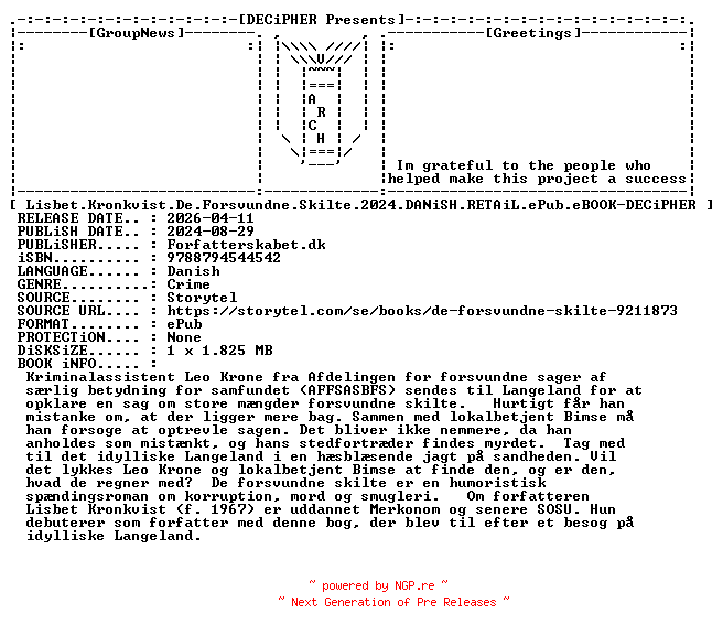 NFO for the release Lisbet.Kronkvist.De.Forsvundne.Skilte.2024.DANiSH.RETAiL.ePub.eBOOK-DECiPHER by DECiPHER