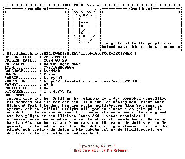 NFO for the release Nis.Jakob.Exit.2024.SWEDiSH.RETAiL.ePub.eBOOK-DECiPHER by DECiPHER