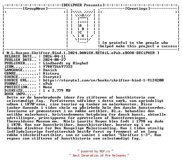 NFO for the release N.L.Hoeyen.Skrifter.Bind.1.2024.DANiSH.RETAiL.ePub.eBOOK-DECiPHER by DECiPHER