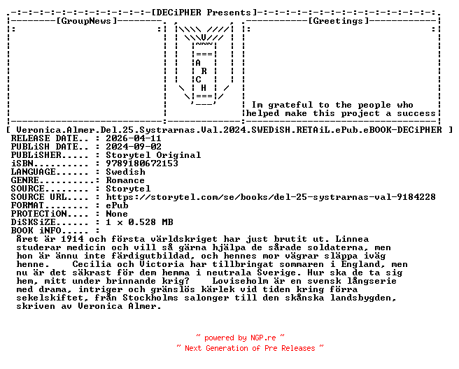 NFO for the release Veronica.Almer.Del.25.Systrarnas.Val.2024.SWEDiSH.RETAiL.ePub.eBOOK-DECiPHER by DECiPHER