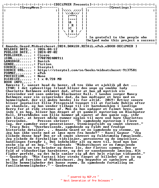 NFO for the release Amanda.Geard.Midnatshuset.2024.DANiSH.RETAiL.ePub.eBOOK-DECiPHER by DECiPHER