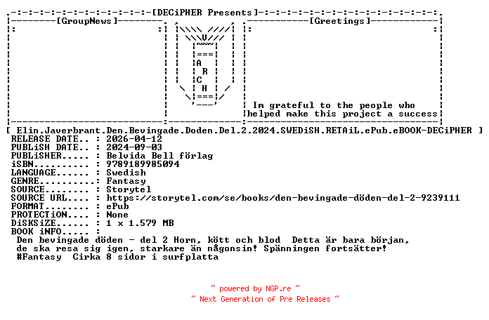 NFO for the release Elin.Javerbrant.Den.Bevingade.Doden.Del.2.2024.SWEDiSH.RETAiL.ePub.eBOOK-DECiPHER by DECiPHER