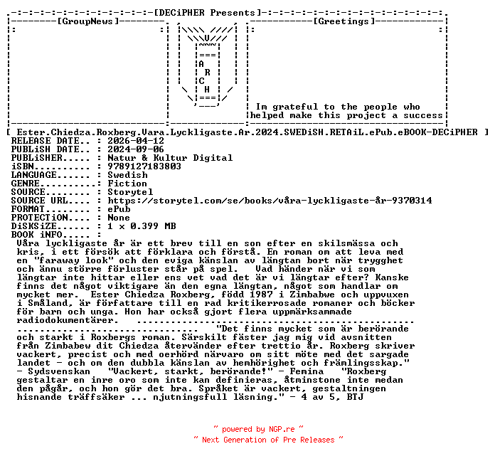 NFO for the release Ester.Chiedza.Roxberg.Vara.Lyckligaste.Ar.2024.SWEDiSH.RETAiL.ePub.eBOOK-DECiPHER by DECiPHER