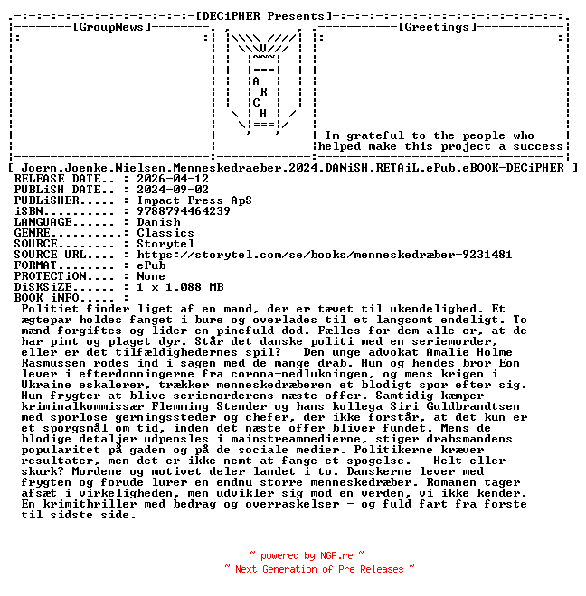 NFO for the release Joern.Joenke.Nielsen.Menneskedraeber.2024.DANiSH.RETAiL.ePub.eBOOK-DECiPHER by DECiPHER