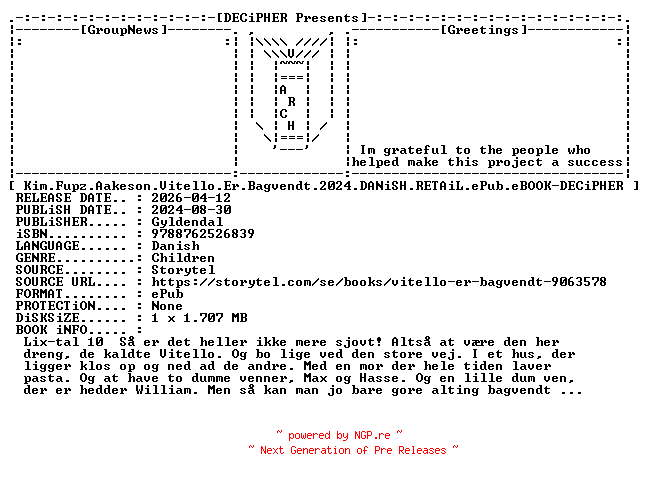 NFO for the release Kim.Fupz.Aakeson.Vitello.Er.Bagvendt.2024.DANiSH.RETAiL.ePub.eBOOK-DECiPHER by DECiPHER