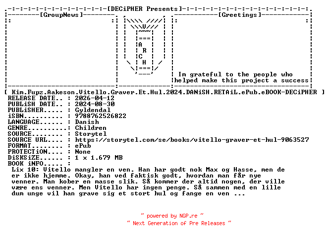 NFO for the release Kim.Fupz.Aakeson.Vitello.Graver.Et.Hul.2024.DANiSH.RETAiL.ePub.eBOOK-DECiPHER by DECiPHER