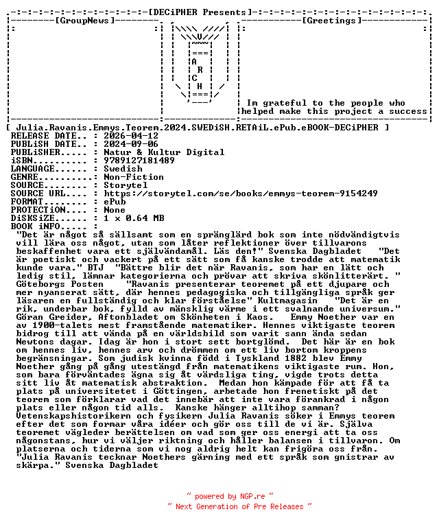 NFO for the release Julia.Ravanis.Emmys.Teorem.2024.SWEDiSH.RETAiL.ePub.eBOOK-DECiPHER by DECiPHER