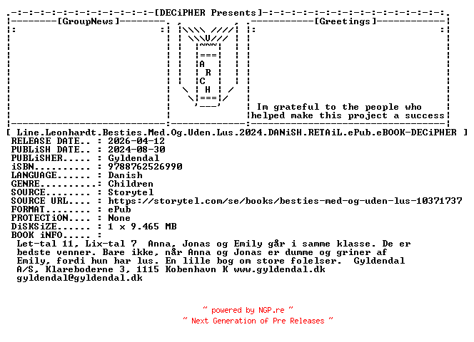 NFO for the release Line.Leonhardt.Besties.Med.Og.Uden.Lus.2024.DANiSH.RETAiL.ePub.eBOOK-DECiPHER by DECiPHER