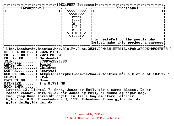 NFO for the release Line.Leonhardt.Besties.Nar.Alt.Er.Dumt.2024.DANiSH.RETAiL.ePub.eBOOK-DECiPHER by DECiPHER