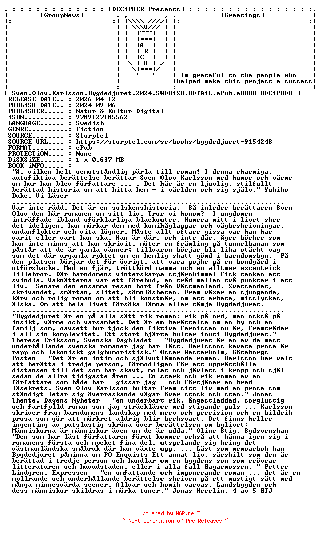 NFO for the release Sven.Olov.Karlsson.Bygdedjuret.2024.SWEDiSH.RETAiL.ePub.eBOOK-DECiPHER by DECiPHER