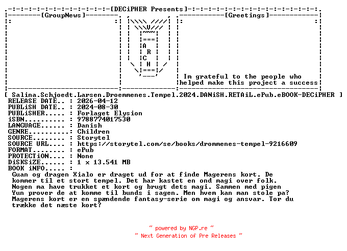 NFO for the release Salina.Schjoedt.Larsen.Droemmenes.Tempel.2024.DANiSH.RETAiL.ePub.eBOOK-DECiPHER by DECiPHER
