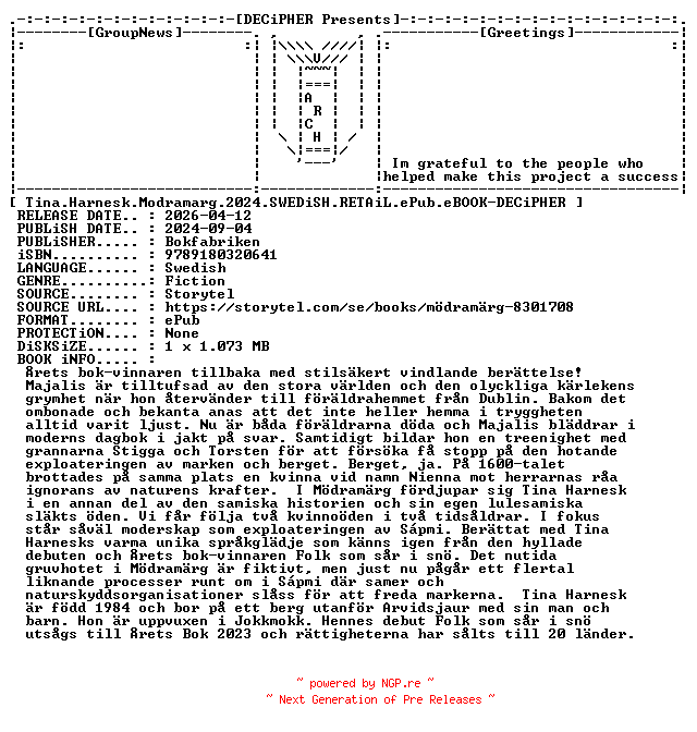 NFO for the release Tina.Harnesk.Modramarg.2024.SWEDiSH.RETAiL.ePub.eBOOK-DECiPHER by DECiPHER