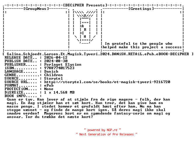 NFO for the release Salina.Schjoedt.Larsen.Et.Magisk.Tyveri.2024.DANiSH.RETAiL.ePub.eBOOK-DECiPHER by DECiPHER