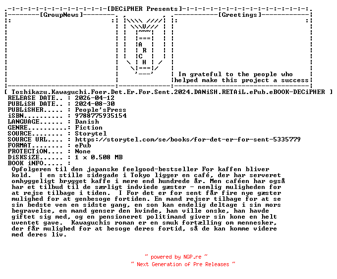 NFO for the release Toshikazu.Kawaguchi.Foer.Det.Er.For.Sent.2024.DANiSH.RETAiL.ePub.eBOOK-DECiPHER by DECiPHER