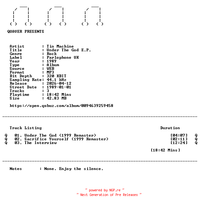 NFO for the release Tin_Machine-Under_The_God_E.P.-EP-WEB-1989-QUAVER by QUAVER