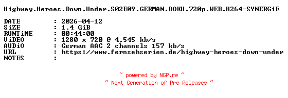 NFO for the release Highway.Heroes.Down.Under.S02E09.GERMAN.DOKU.720p.WEB.H264-SYNERGiE by SYNERGiE