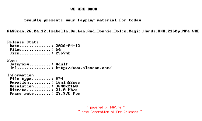 NFO for the release ALSScan.26.04.12.Isabella.De.Laa.And.Bonnie.Dolce.Magic.Hands.XXX.2160p.MP4-WRB by WRB