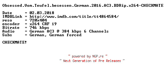 NFO for the release Obsessed.Vom.Teufel.besessen.German.2016.AC3.BDRip.x264-CHECKMATE by CHECKMATE
