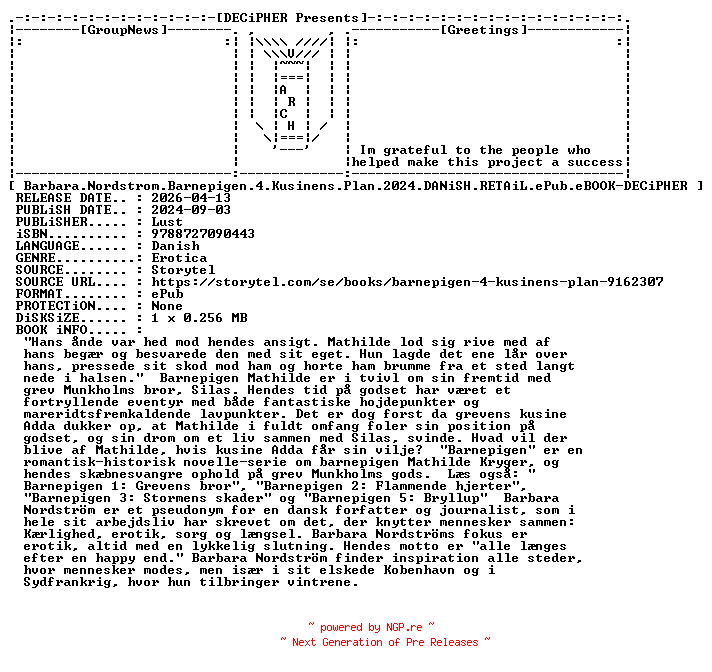 NFO for the release Barbara.Nordstrom.Barnepigen.4.Kusinens.Plan.2024.DANiSH.RETAiL.ePub.eBOOK-DECiPHER by DECiPHER