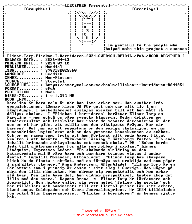 NFO for the release Elinor.Torp.Flickan.I.Korridoren.2024.SWEDiSH.RETAiL.ePub.eBOOK-DECiPHER by DECiPHER
