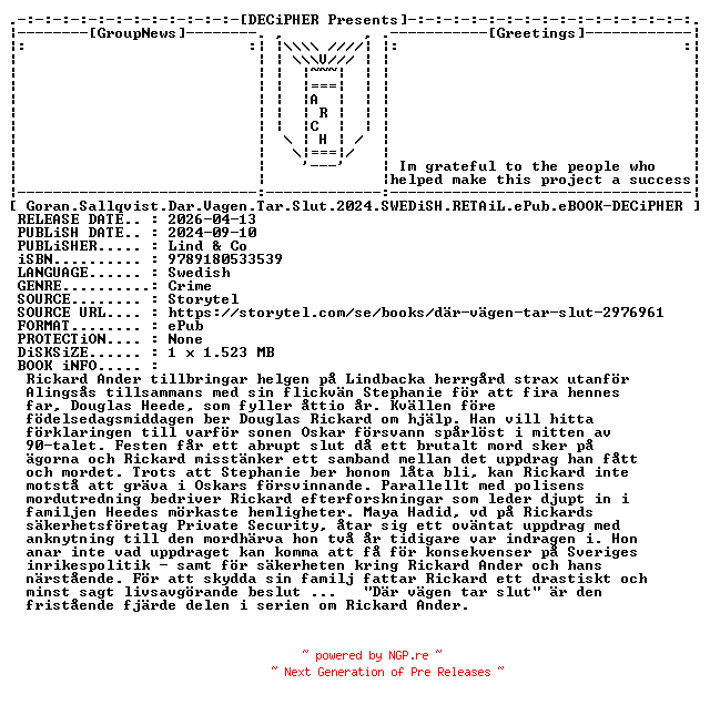 NFO for the release Goran.Sallqvist.Dar.Vagen.Tar.Slut.2024.SWEDiSH.RETAiL.ePub.eBOOK-DECiPHER by DECiPHER