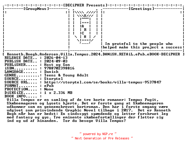 NFO for the release Kenneth.Boegh.Andersen.Villa.Tempus.2024.DANiSH.RETAiL.ePub.eBOOK-DECiPHER by DECiPHER
