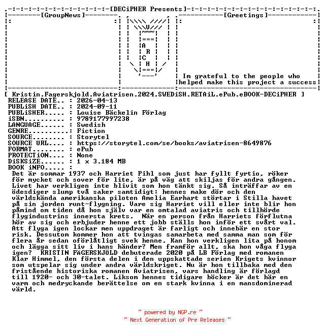NFO for the release Kristin.Fagerskjold.Aviatrisen.2024.SWEDiSH.RETAiL.ePub.eBOOK-DECiPHER by DECiPHER