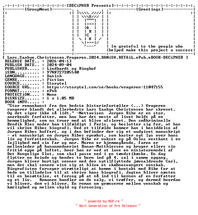 NFO for the release Lars.Saabye.Christensen.Vrageren.2024.DANiSH.RETAiL.ePub.eBOOK-DECiPHER by DECiPHER