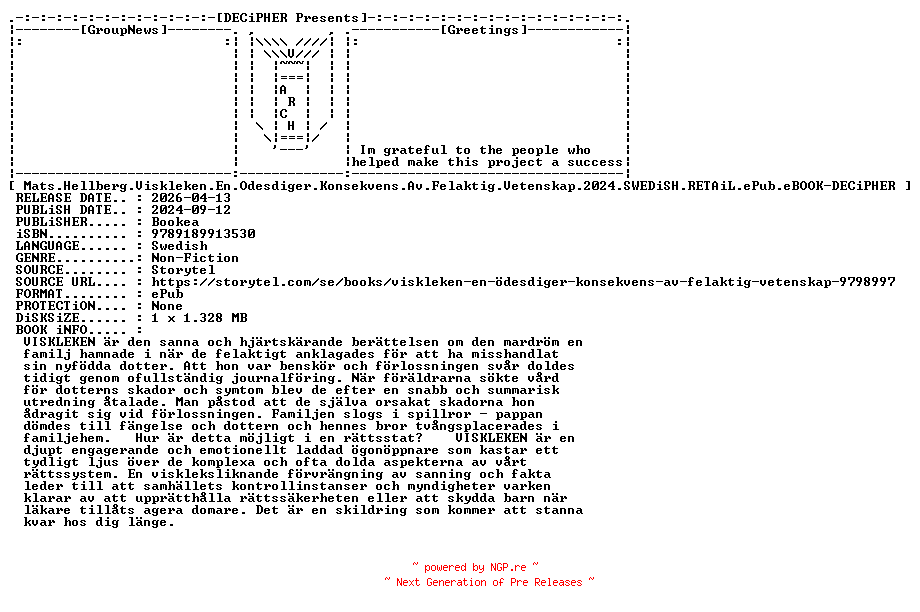 NFO for the release Mats.Hellberg.Viskleken.En.Odesdiger.Konsekvens.Av.Felaktig.Vetenskap.2024.SWEDiSH.RETAiL.ePub.eBOOK-DECiPHER by DECiPHER