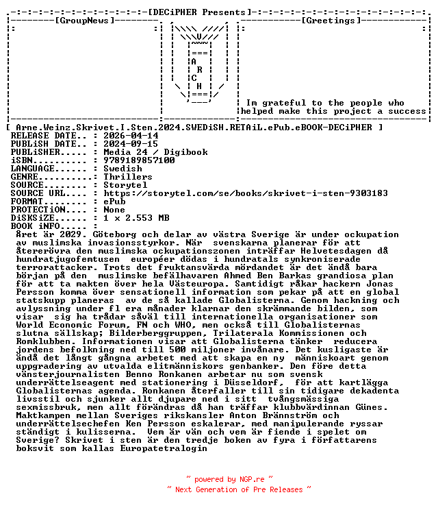 NFO for the release Arne.Weinz.Skrivet.I.Sten.2024.SWEDiSH.RETAiL.ePub.eBOOK-DECiPHER by DECiPHER