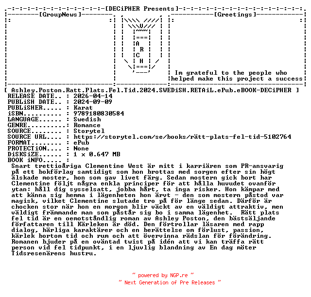 NFO for the release Ashley.Poston.Ratt.Plats.Fel.Tid.2024.SWEDiSH.RETAiL.ePub.eBOOK-DECiPHER by DECiPHER