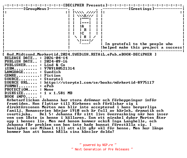 NFO for the release Aud.Midtsund.Morkertid.2024.SWEDiSH.RETAiL.ePub.eBOOK-DECiPHER by DECiPHER