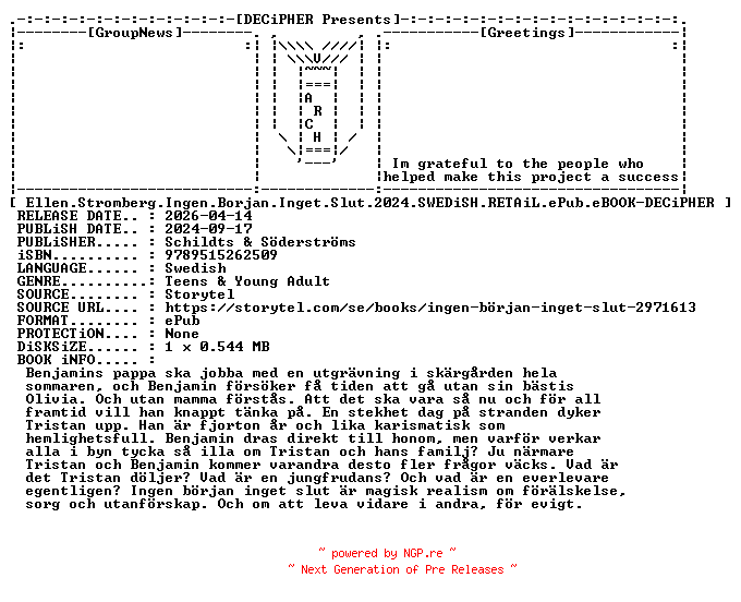 NFO for the release Ellen.Stromberg.Ingen.Borjan.Inget.Slut.2024.SWEDiSH.RETAiL.ePub.eBOOK-DECiPHER by DECiPHER