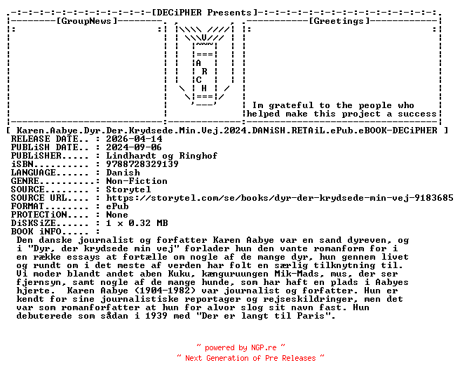 NFO for the release Karen.Aabye.Dyr.Der.Krydsede.Min.Vej.2024.DANiSH.RETAiL.ePub.eBOOK-DECiPHER by DECiPHER