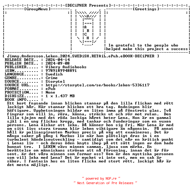 NFO for the release Jimmy.Andersson.Leken.2024.SWEDiSH.RETAiL.ePub.eBOOK-DECiPHER by DECiPHER