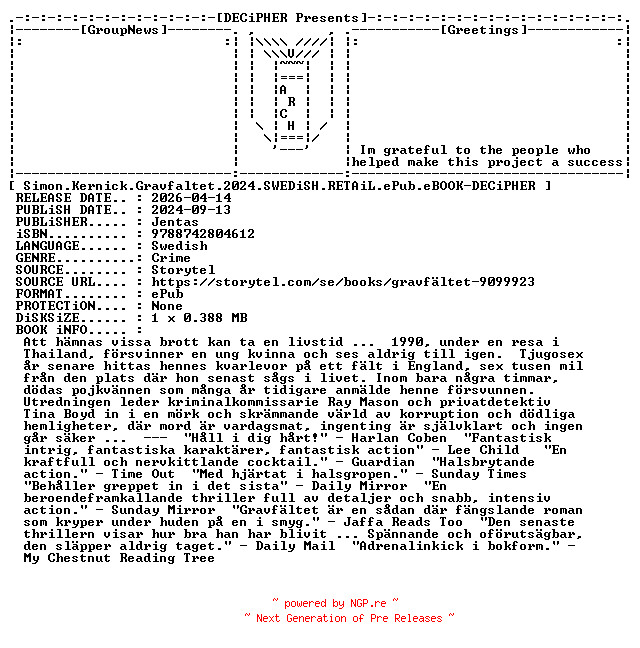 NFO for the release Simon.Kernick.Gravfaltet.2024.SWEDiSH.RETAiL.ePub.eBOOK-DECiPHER by DECiPHER