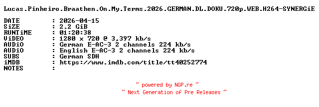 NFO for the release Lucas.Pinheiro.Braathen.On.My.Terms.2026.GERMAN.DL.DOKU.720p.WEB.H264-SYNERGiE by SYNERGiE