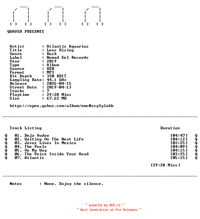 NFO for the release Atlantis_Aquarius-Leos_Rising-WEB-2019-QUAVER by QUAVER