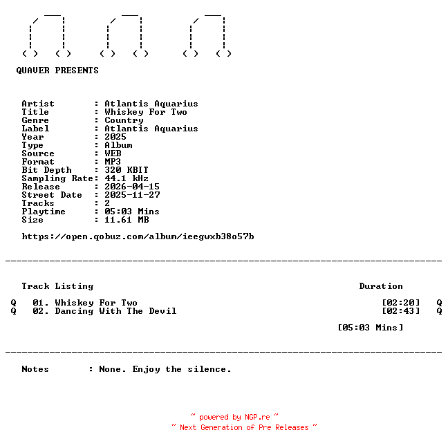 NFO for the release Atlantis_Aquarius-Whiskey_For_Two-DIGITAL_45-WEB-2025-QUAVER by QUAVER