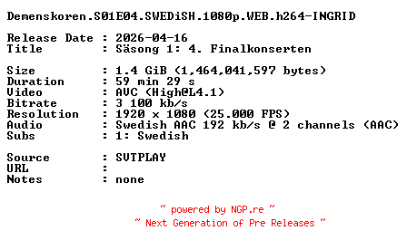 NFO for the release Demenskoren.S01E04.SWEDiSH.1080p.WEB.h264-INGRID by INGRID
