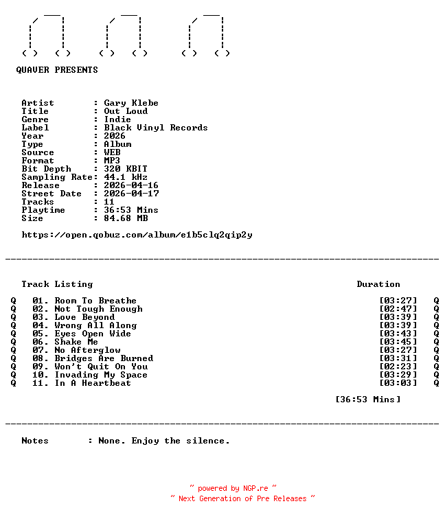 NFO for the release Gary_Klebe-Out_Loud-WEB-2026-QUAVER by QUAVER
