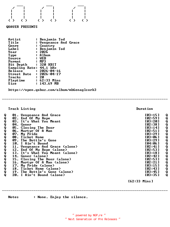 NFO for the release Benjamin_Tod-Vengeance_And_Grace-WEB-2026-QUAVER by QUAVER