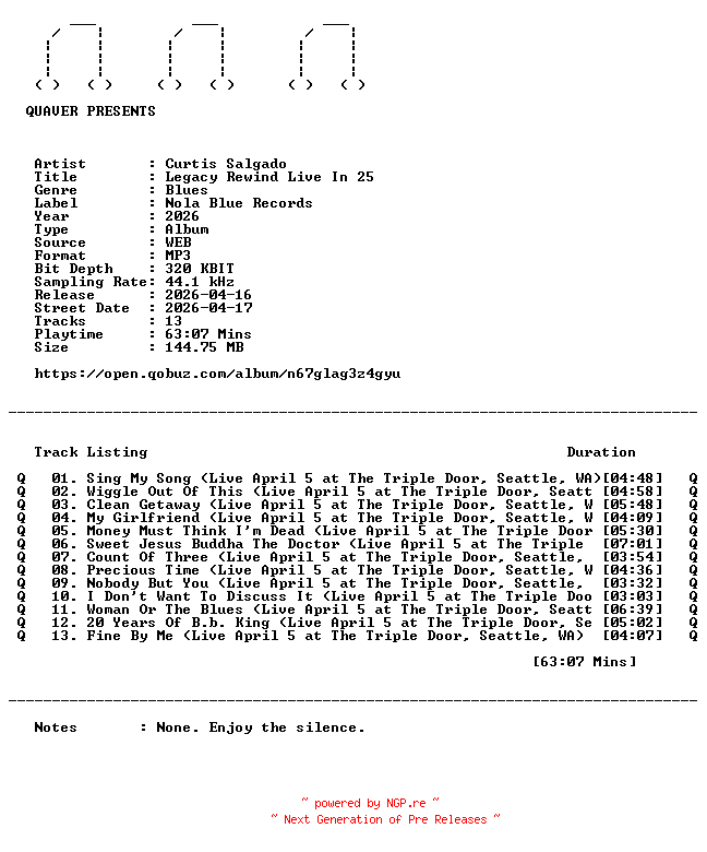 NFO for the release Curtis_Salgado-Legacy_Rewind_Live_In_25-WEB-2026-QUAVER by QUAVER