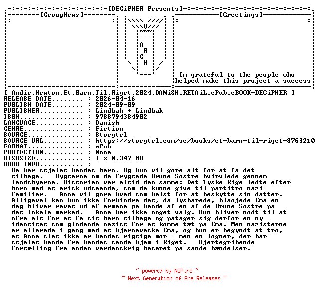 NFO for the release Andie.Newton.Et.Barn.Til.Riget.2024.DANiSH.RETAiL.ePub.eBOOK-DECiPHER by DECiPHER