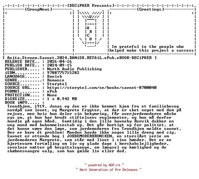 NFO for the release Anita.Stroem.Savnet.2024.DANiSH.RETAiL.ePub.eBOOK-DECiPHER by DECiPHER