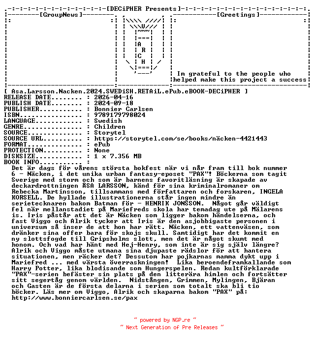 NFO for the release Asa.Larsson.Nacken.2024.SWEDiSH.RETAiL.ePub.eBOOK-DECiPHER by DECiPHER