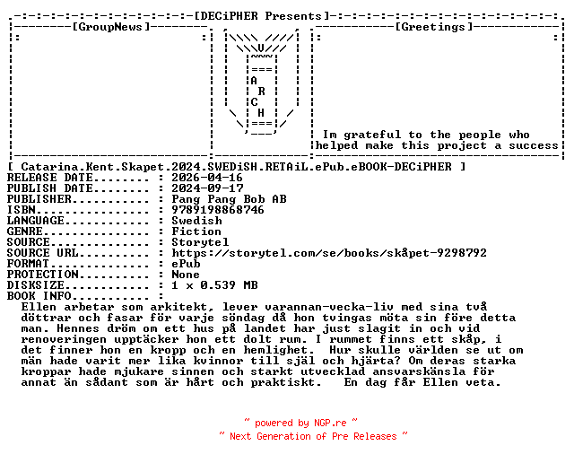 NFO for the release Catarina.Kent.Skapet.2024.SWEDiSH.RETAiL.ePub.eBOOK-DECiPHER by DECiPHER