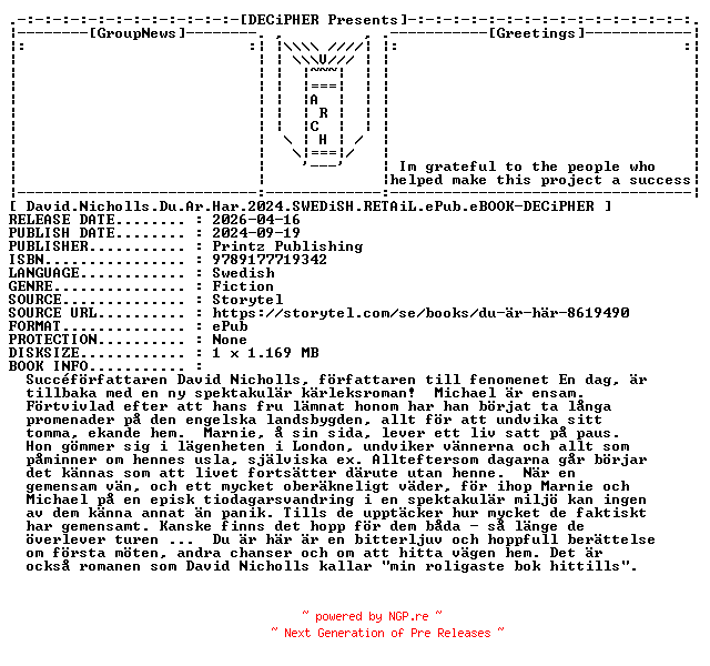 NFO for the release David.Nicholls.Du.Ar.Har.2024.SWEDiSH.RETAiL.ePub.eBOOK-DECiPHER by DECiPHER